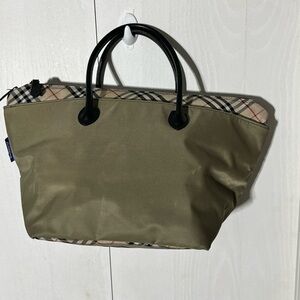 Burberry blue label, Olive Green Tote with Black Handles and Classic Check Trim